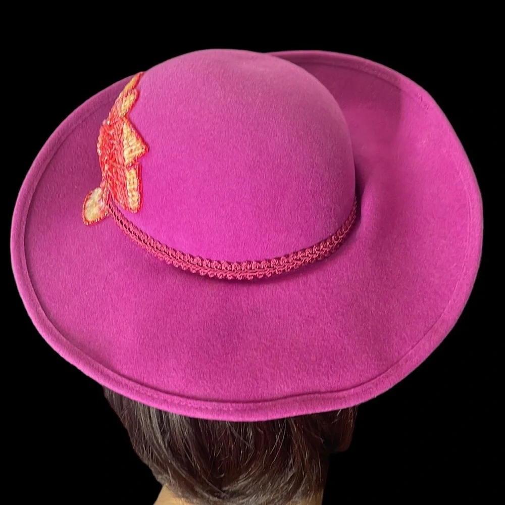 Vintage Fushia Wool Hat with Flower - Picture 6 of 16